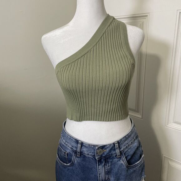 Zara Tops - Zara Women's Ribbed One Shoulder Crop Tank Green Size Small Stretch Festival
